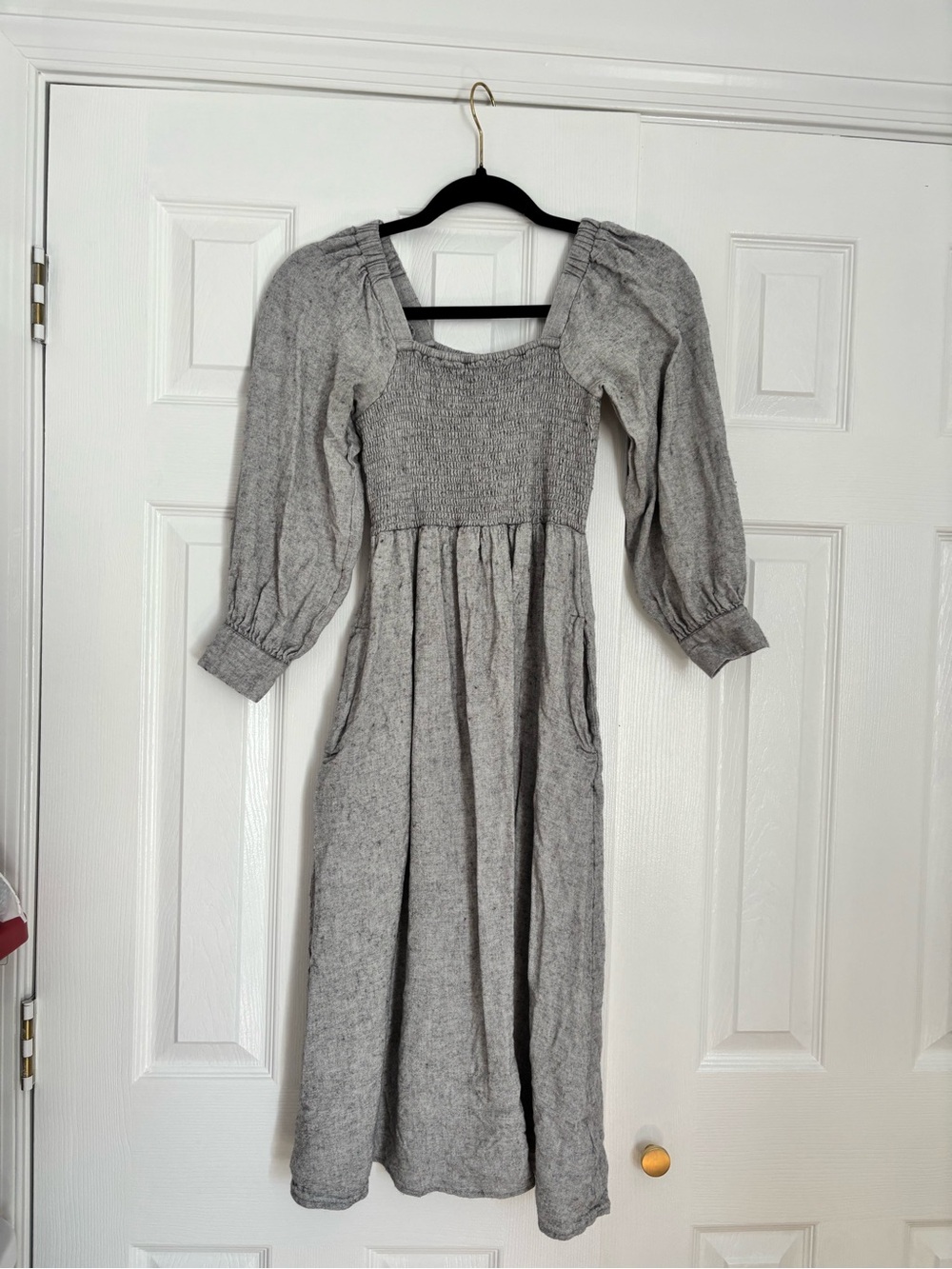 Madewell Gray Puff-Sleeve Smocked Maxi Dress